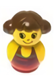 Girl Primo figure with red base, wearing a yellow top over a red swimsuit with blue stripes and brown hair - baby012