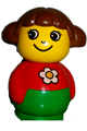 Girl Primo figure with brown hair, wearing a red top with daisy pattern on a green base - baby013