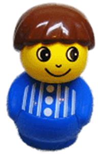 Boy with blue base - Boy Primo figure with brown hair, wearing a blue top with stripes and three buttons on a blue base - baby014