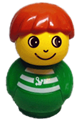 Boy minifigure from Primo theme with green base, green top with white stripes and anchor pattern, and dark orange hair - baby015