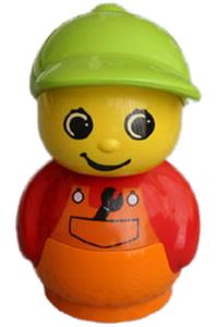 Boy with orange base - Boy Primo figure with an orange base, red top, orange dungarees with a wrench, and a medium lime hat - baby016