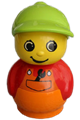 Boy Primo figure with an orange base, red top, orange dungarees with a wrench, and a medium lime hat - baby016