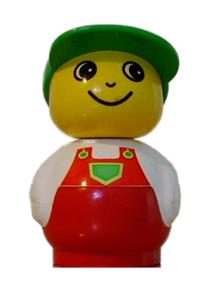 Boy with red base - Boy Primo figure with a white top, red overalls featuring a green pocket, topped with a green cap - baby019