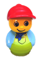 Boy Primo figure with a lime base, medium blue top, lime overalls with blue neckerchief, and red cap - baby020