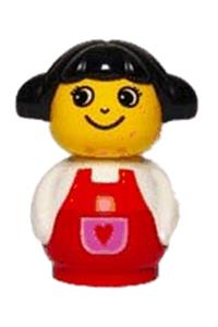 Primo Figure Girl with Red Base, White Top with Red Overalls with Red Heart in Purple Pocket, Black Hair baby022