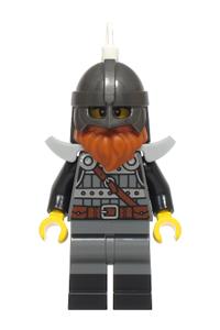 Siege Encampment Knight Minifigure - Male knight with dark bluish gray and silver armor, black boots, pearl dark gray helmet with white feather, dark orange beard, and light bluish gray shoulder pads - bdp210