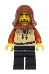 Siege Encampment Peasant Minifigure - Male peasant with a reddish brown hood, tan vest, dark tan backpack, and black legs - bdp214