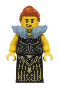 Siege Encampment Queen Minifigure - Queen with dark orange hair wearing a black dress with gold and silver lines and a sand blue fur collar - bdp220