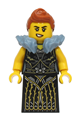 Queen with dark orange hair wearing a black dress with gold and silver lines and a sand blue fur collar - bdp220