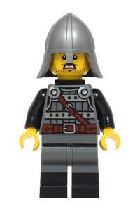 Siege Encampment Knight Minifigure - Male knight wearing dark bluish gray and silver armor, black boots, a flat silver helmet with neck protector, and a neck bracket with clip - bdp222