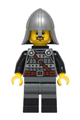 Male knight wearing dark bluish gray and silver armor, black boots, a flat silver helmet with neck protector, and a neck bracket with clip - bdp222