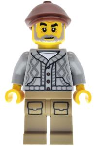 Antique Shop Male Minifigure - Male antique shop figure wearing a reddish brown flat cap, light bluish gray knit cable cardigan sweater, and dark tan legs with pockets - bdp224