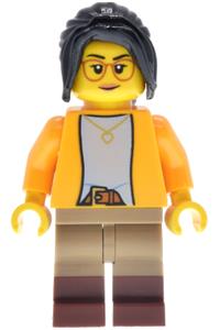 Antique Shop Female Worker - Female antique shop worker with a black ponytail wearing a bright light orange jacket and dark tan legs with molded reddish brown boots - bdp225
