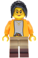Female antique shop worker with a black ponytail wearing a bright light orange jacket and dark tan legs with molded reddish brown boots - bdp225