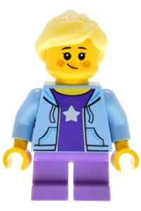 Antique Shop Female Child - Female child from Antique Shop with bright light blue hoodie over dark purple shirt, bright light yellow ponytail, and medium lavender short legs - bdp226