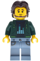Male antique shop worker with dark green hoodie, sand blue legs with pockets, and dark brown short wavy hair - bdp227