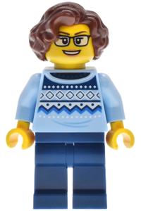 Antique Shop Female Worker - Female antique shop worker with reddish brown wavy hair wearing a bright light blue knit Fair Isle sweater and dark blue legs - bdp228