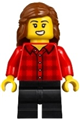 Female Vampire Castle Visitor wearing a red plaid flannel shirt, black medium legs, with reddish brown hair - bdp229