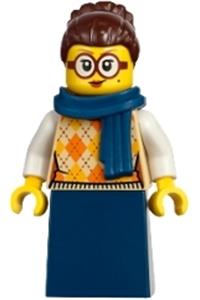 Adventure in Transylvania Vampire Castle Visitor - Female vampire castle visitor with dark brown hair, wearing a tan knit argyle sweater vest, dark blue skirt, and dark blue scarf - bdp232