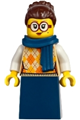 Female vampire castle visitor with dark brown hair, wearing a tan knit argyle sweater vest, dark blue skirt, and dark blue scarf - bdp232