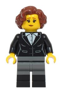 Adventure in Transylvania Vampire Castle Visitor - Female vampire castle visitor with reddish brown hair wearing a black suit jacket, white button-up shirt, and dark bluish gray legs with black boots - bdp234