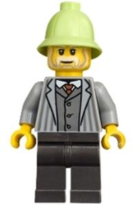 Adventure in Transylvania Vampire Castle Visitor - Male vampire castle visitor wearing a light bluish gray pinstriped jacket, pearl dark gray legs, and a yellowish green pith helmet - bdp235