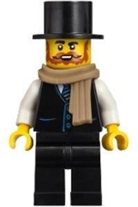 Adventure in Transylvania Vampire Castle Visitor - Male vampire castle visitor wearing a black vest with blue striped tie, black legs, black top hat, and dark tan scarf - bdp238