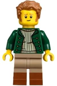 Adventure in Transylvania Vampire Castle Visitor - Male vampire castle visitor with medium nougat hair, wearing a dark green open jacket and dark tan legs with reddish brown boots - bdp239