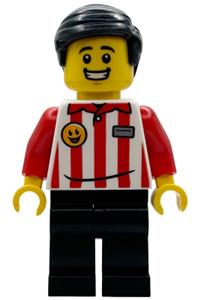 Popcorn Wagon Vendor Minifigure - Popcorn wagon vendor with black hair wearing a red and white striped shirt and black legs - bdp242