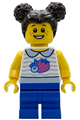 Child popcorn wagon customer with dark brown hair, wearing a white collared shirt with fruit and blue medium legs - bdp243