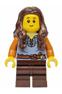 Mushroom Village Female Minifigure - Female from Mushroom Village wearing a sand blue vest, dark brown medium legs, and dark brown long wavy hair - bdp245