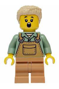 Mushroom Village Female Minifigure - Female from Mushroom Village with tan hair, wearing medium nougat overalls over a sand green shirt and medium nougat medium legs - bdp246