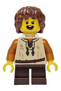 Mushroom Village Male Minifigure - Male from Mushroom Village with reddish brown hair, tan vest, dark brown short legs, and a neck bracket - bdp247