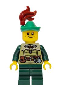 Mushroom Village Male Minifigure - Male Mushroom Village figure wearing an olive green tunic, dark green medium legs, green hat, and dark red plume - bdp248