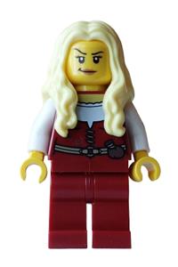 Thieves of Tortuga Pirate Female - Female pirate with bright light yellow long wavy hair wearing a dark red vest and dark red legs - bdp255
