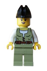 Thieves of Tortuga Pirate Female - Female pirate wearing an olive green vest and legs with a black bicorne hat - bdp258