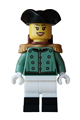 Female imperial soldier wearing a black tricorne hat, sand green formal jacket, white legs with black boots, and a reddish brown backpack - bdp262