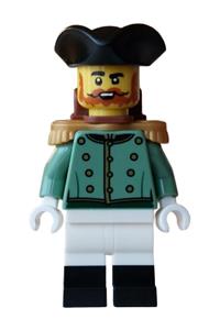 Thieves of Tortuga Imperial Soldier - Male Imperial Soldier wearing a sand green formal jacket, white legs with black boots, a reddish brown backpack, and a black tricorne hat - bdp264