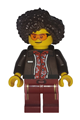 Female Art Factory bassist with dark brown hair wearing a dark brown jacket over a red Hawaiian shirt and dark red legs with coral and gold vertical stripes - bdp265