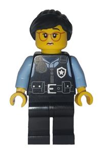 Art Factory Security Minifigure - Female Art Factory Security with black safety vest featuring a silver star badge logo, black legs, black ponytail, and swept sideways fringe - bdp266