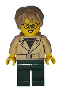 Art Factory Critic Minifigure - Female Art Factory Critic with dark tan thick and messy hair, wearing a tan jacket over a black sweater and dark green legs - bdp267