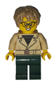 Female Art Factory Critic with dark tan thick and messy hair, wearing a tan jacket over a black sweater and dark green legs - bdp267