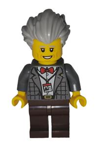Art Factory Pianist Minifigure - Male Art Factory Pianist wearing a dark bluish gray plaid jacket with red bow tie, light bluish gray bushy swept-back hair, and dark brown legs - bdp268