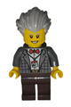 Male Art Factory Pianist wearing a dark bluish gray plaid jacket with red bow tie, light bluish gray bushy swept-back hair, and dark brown legs - bdp268