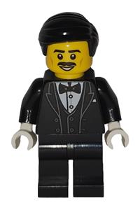 Art Factory Waiter Minifigure - Male Art Factory Waiter with black short hair parted left, wearing a black tuxedo and black legs - bdp273