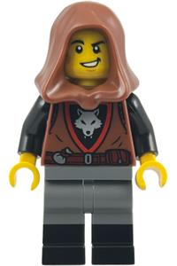 Male Wolfpack Minifigure - Male Wolfpack with reddish brown hood and dark bluish gray legs with black boots - bdp277