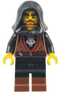 Male Wolfpack Minifigure - Male Wolfpack minifig with black legs featuring reddish brown boots and wearing a black hood - bdp280
