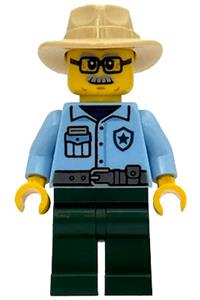 Sequoia Tree Trail Ranger - Male Sequoia Tree Trail Ranger with a tan fedora, rectangular glasses, bright light blue uniform, and dark green legs - bdp285