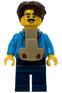 Father Sequoia Tree Trail Tourist - Father tourist wearing a dark azure hoodie with a green striped shirt, dark blue legs, dark brown short wavy hair, and a baby carrier - bdp288