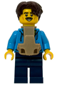 Father tourist wearing a dark azure hoodie with a green striped shirt, dark blue legs, dark brown short wavy hair, and a baby carrier - bdp288
